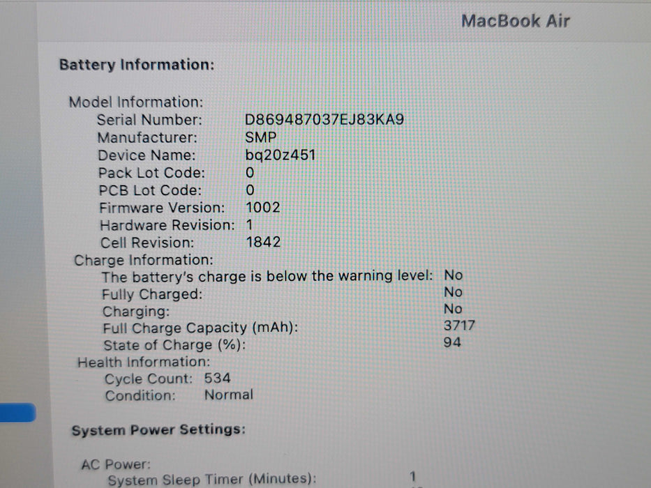 Apple Macbook Air 2019 2-Core i5-8210Y @ 1.6GHz 8GB DDR3 250GB SSD (