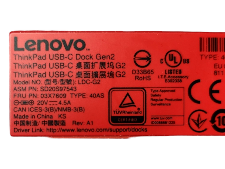 Lenovo ThinkPad USB-C Gen 2 Docking Station LDC-G2 Type 40AS W/ 90W Adapter