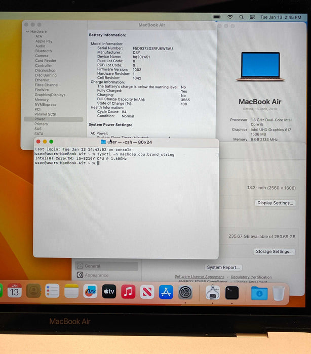 Apple MacBook Air 13" 2019 i5-8210Y 8GB RAM 256GB SSD READ
