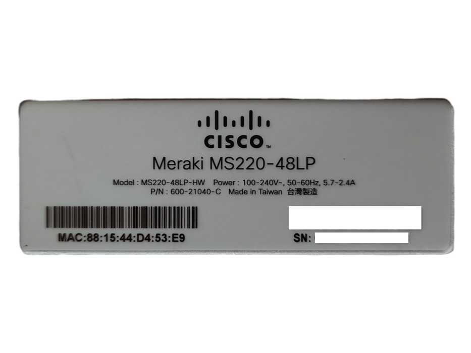 Cisco Meraki MS220-48LP, 48-Port Gigabit PoE Cloud Managed Switch, Unclaimed