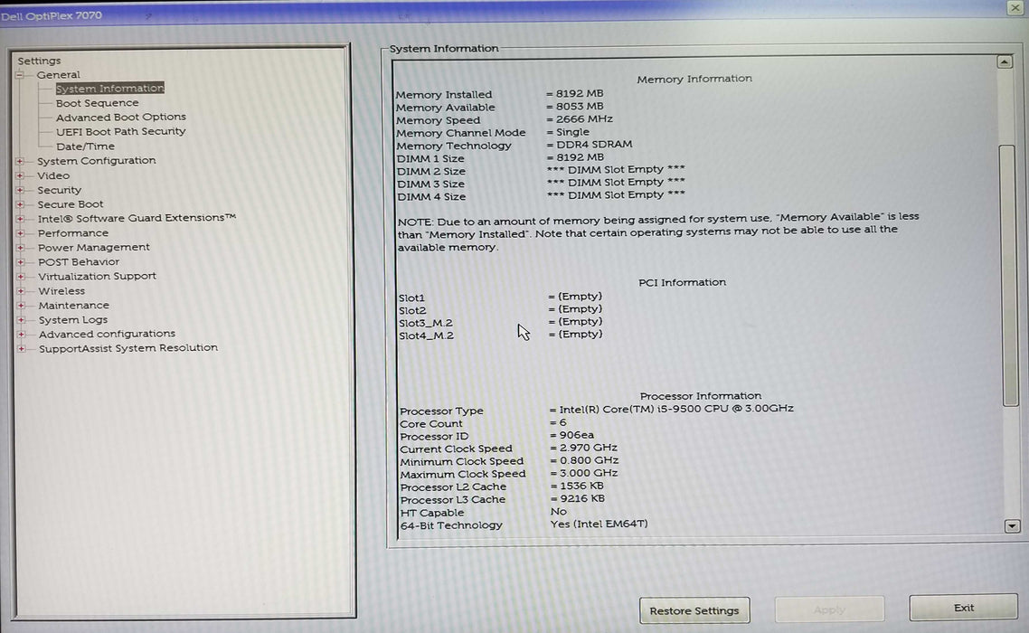 Dell OptiPlex 7070 SFF Intel i5-9500 CPU 3.0GHz 8GB RAM - No HDD Q