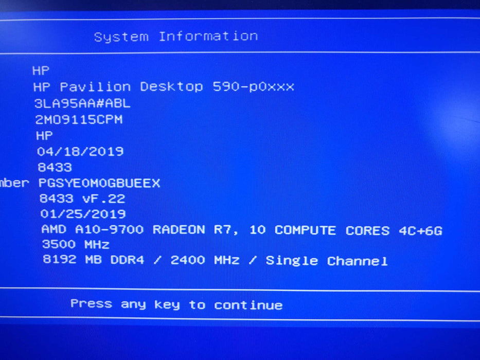 hp pavilion desktop 590 A10-9700 8GB RAM 256GB NVME NO OS