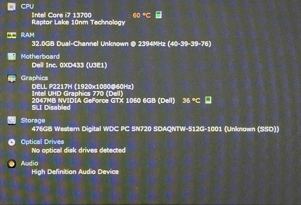 Dell XPS 8960 Tower, i7-13700, 32GB DDR5, 512GB NVMe, GTX 1060, WiFi