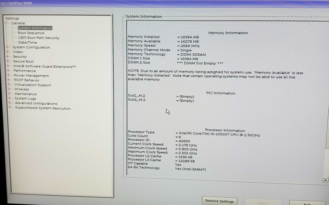 Dell OptiPlex 3080 Micro Core i5-10500T CPU 2.30GHz 16GB RAM - No HDD Q