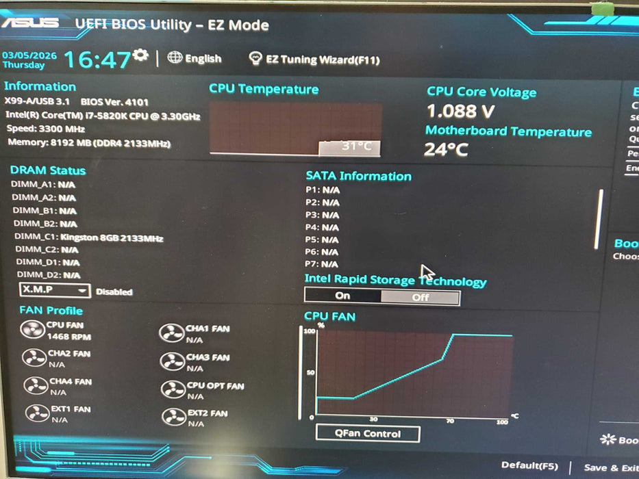 ASUS x99-A ATX FCLGA2011 Motherboard + Intel i7-5820K NO RAM NO HDD