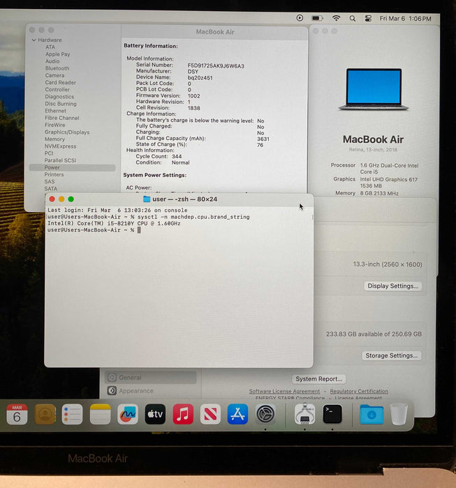 Apple MacBook Air 13" 2018 i5-8210Y 8GB 256SSD No Power Adapter