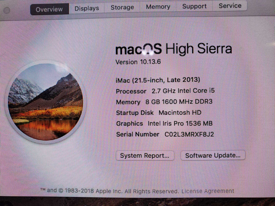 Apple iMac 21.5" A1418 2017 i5 2.70GHz 8GB RAM 1TB HDD