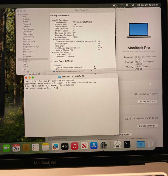 Apple MacBook Pro 13" 2020 i7-1068NG7@2.30GHz 16GB RAM 512GB SSD READ