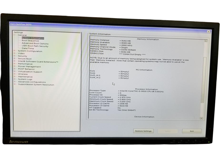 Dell OptiPlex 3070 SFF Intel Core i5-9500 CPU@3.00GHz 8GB RAM DDR4 - NO HDD Q
