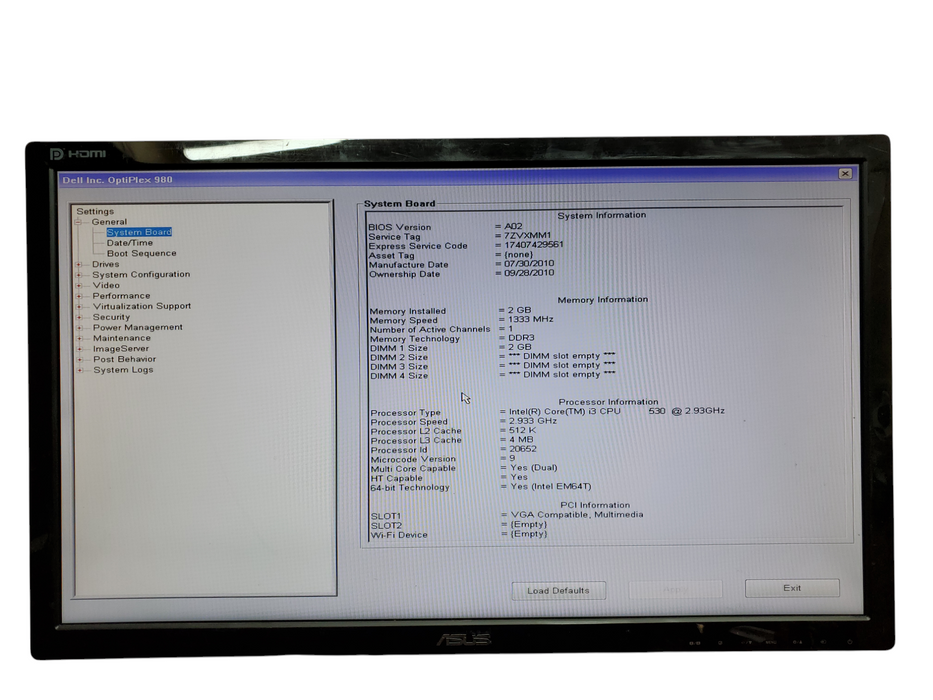Dell OptiPlex 980 SFF, i3-530, 2GB RAM, No HDD, No OS