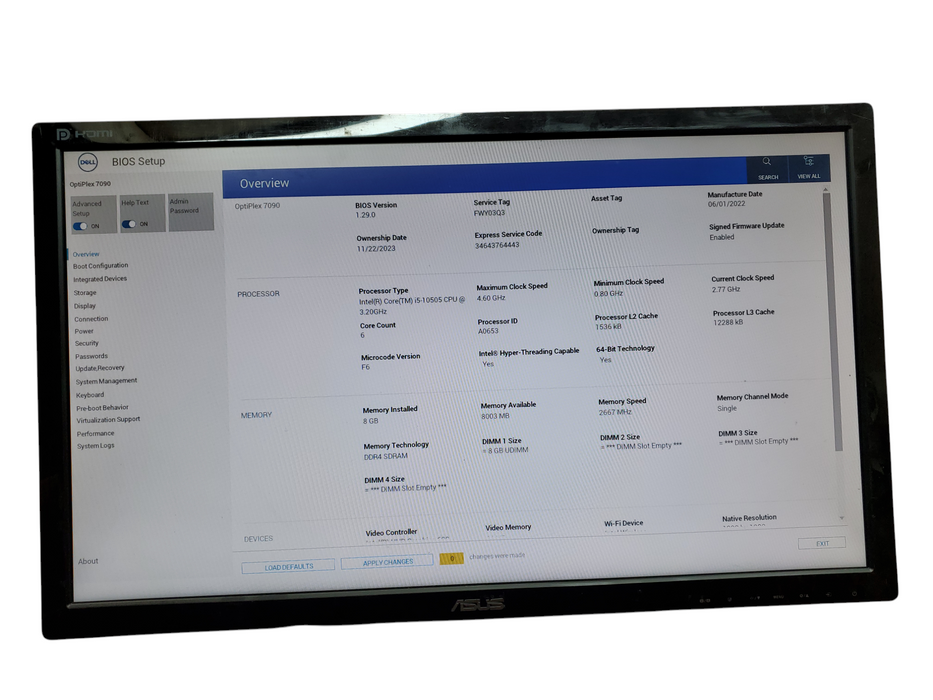Dell Optiplex 7090, i5-10505@3.2GHz, 8GB DDR4, 256GB NVMe, no OS Q