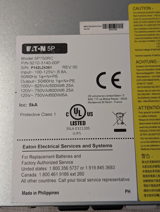 EATON 5P750RC 9210-3140-00P 750VA 2U Rackmount UPS 600 W 120V READ  -