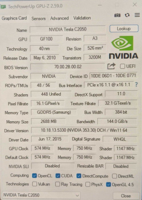 NVIDIA Tesla C2050 | 2688MB GDDR5 Graphics Card | 1x DVI