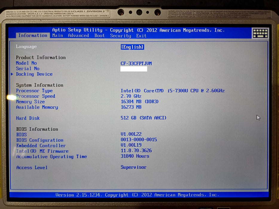 Panasonic Toughbook CF-33 Touch i5-7300U, 16GB DDR3, 512GB SSD, 31840 Hours Q Lap200