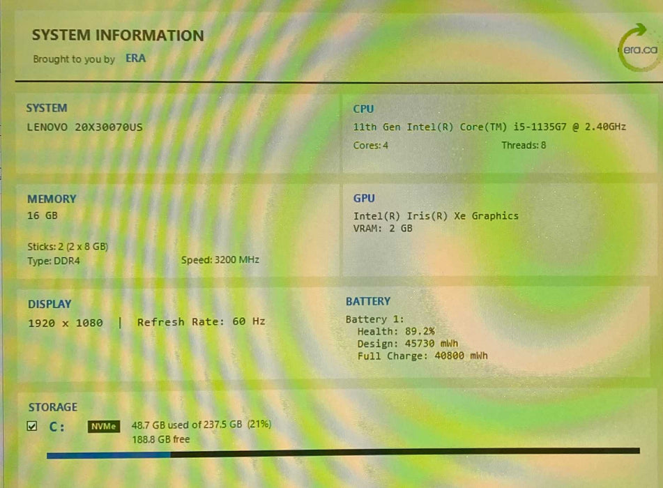 Lenovo ThinkPad L15 Gen 2 TOUCH Core i5-1135G7@2.40GHz 16GB RAM 256GB SSD  Lap200