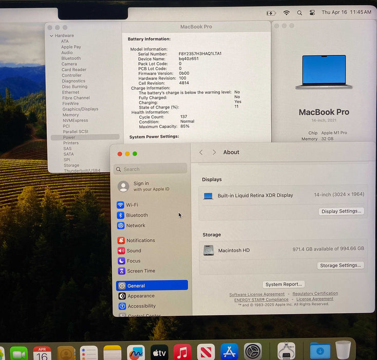 Apple  MacBook Pro 14" 2021 M1 Pro 32GB RAM 1TB SSD No Power Adapter