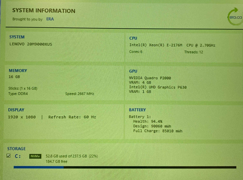 Lenovo ThinkPad P52 XEON E2176M QUADRO P2000 4GB GPU 16GB RAM 256GB SSD  Lap200