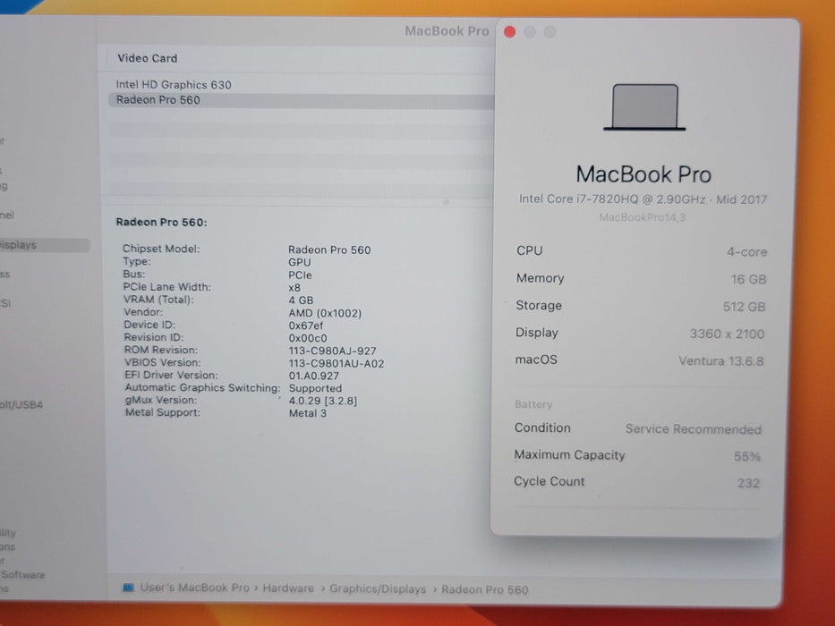 Apple Macbook Pro 2017 4-Core i7-7820HQ @ 2.9GHz 16GB RAM 512GB SSD GPU (