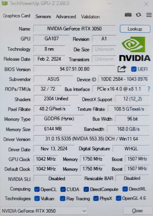 ASUS Nvidia GeForce RTX 3050 6GB GDDR6 Graphics Card