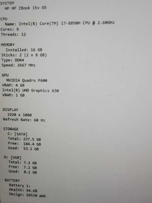 HP ZBook 15v G5 i7-8850H 16GB DDR4 Quadro P600 256GB SSD For Parts/Repair  β Lap200
