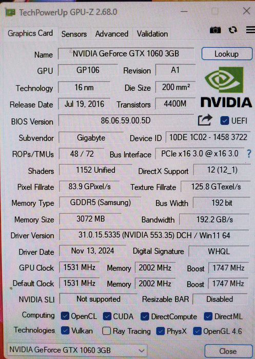 GIGABYTE NVIDIA GeForce GTX 1060 3GB GDDR5 - Graphics Card