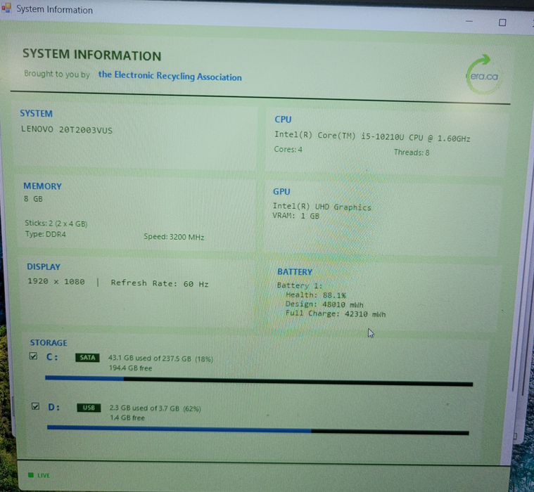 Lenovo ThinkPad X13 Gen 1 i5-10210U @1.60GHz 8GB DDR4 256GB NVMe   Lap200