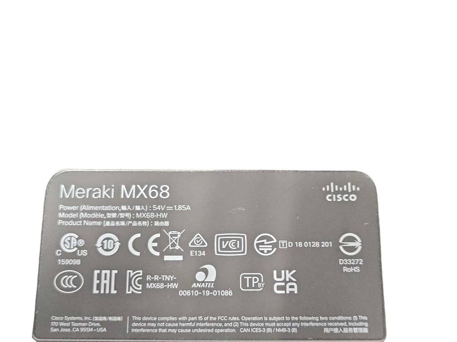 UNCLAIMED Cisco MX68-HW Meraki Cloud Managed Security Appliance Q_