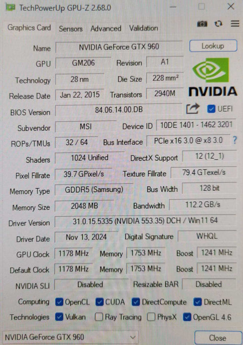 MSI/Nvidia GeForce GTX 960 2GD5T 2GB GDDR5 Graphics card _