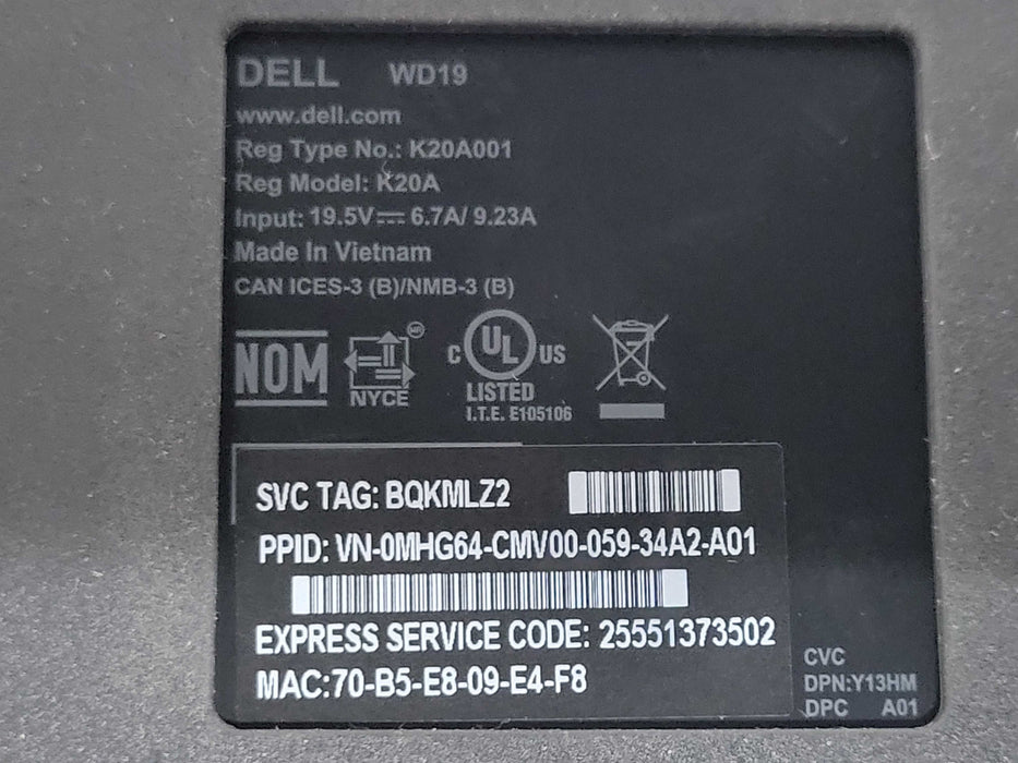 Dell USB-C Docking Station WD19 K20A001 With Dell 180W AC Power Adapter Q_