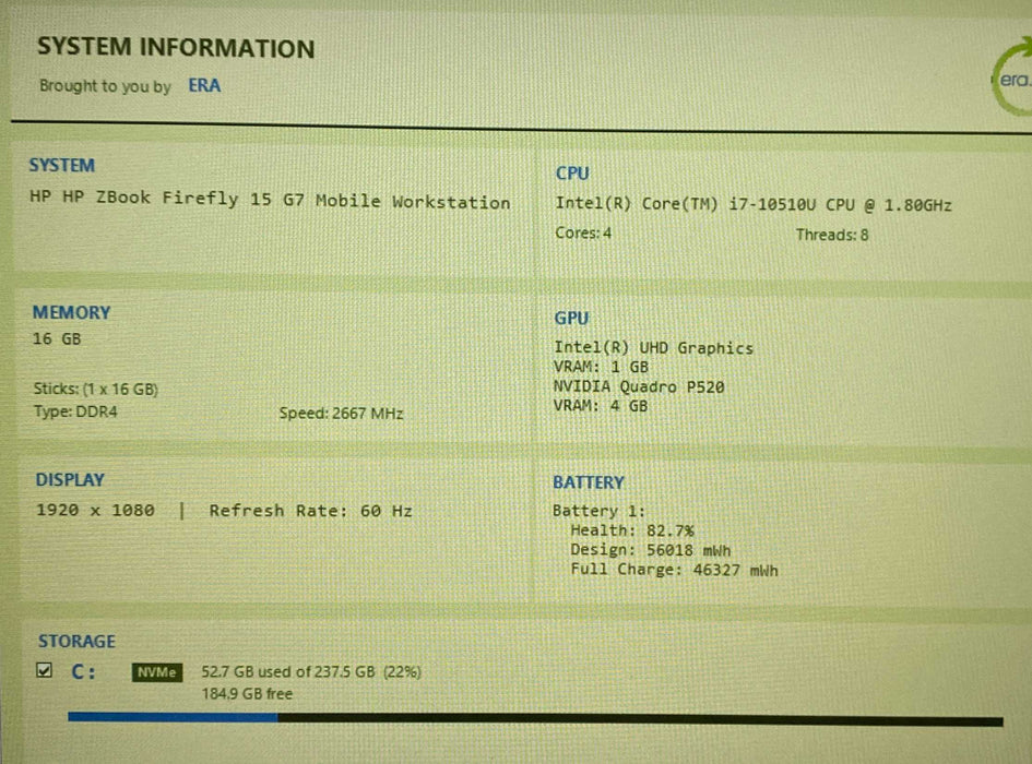 HP ZBook Firefly 15 G7 i7-10510U QUADRO P520 4GB GPU 16GB RAM 256GB SSD  Lap200