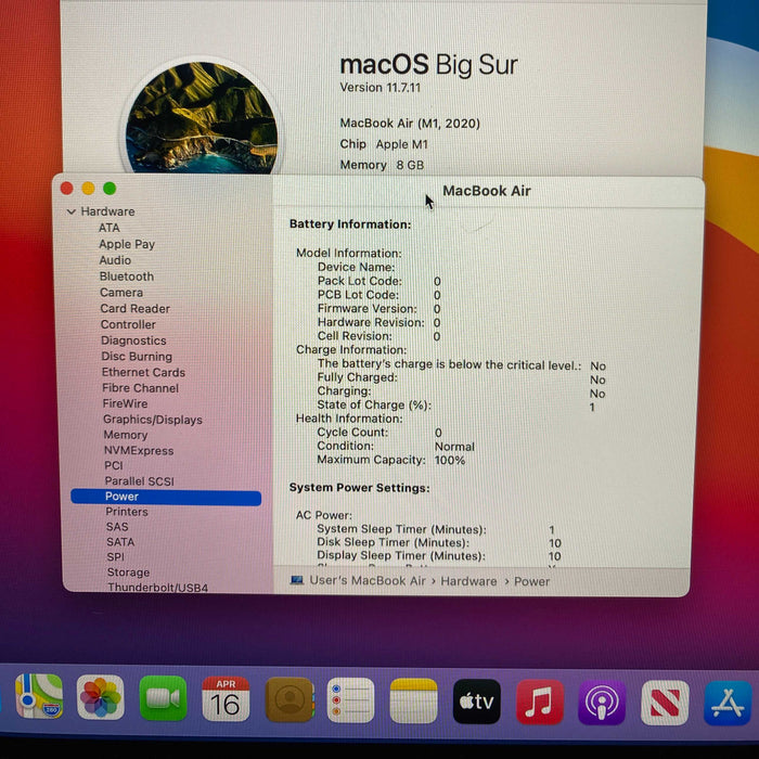 Apple MacBook Air 13" M1 2020 8GB  256SSD Faulty Battery For Parts/Repair