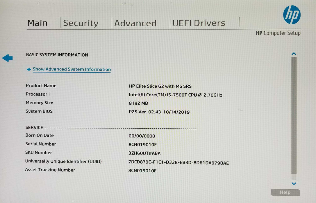 HP Elite Slice G2 PC with MS SRS, i5-7500T CPU 2.70GHz, 8GB RAM - 128 GB