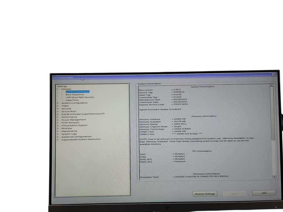 Dell Vostro 3681 SFF i5 - 10400 @ 2.90GHz 16GB DDR4 Ram NO HDD θ