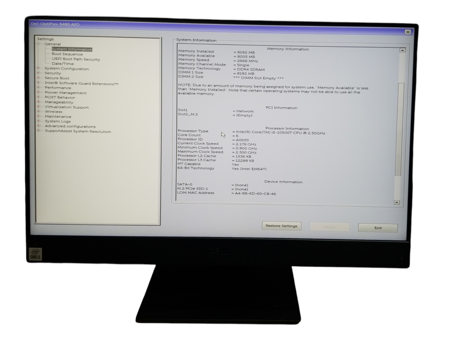 Dell OptiPlex 5480 AIO Intel i5-10500T CPU 8GB RAM No HDD w/ Stand