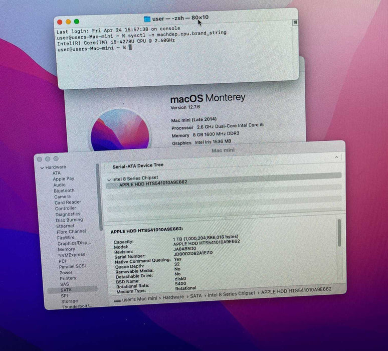 Apple Mac Mini Late 2014 Intel Core i5-4278U@2.60 GHz 8GB RAM 1TB HDD