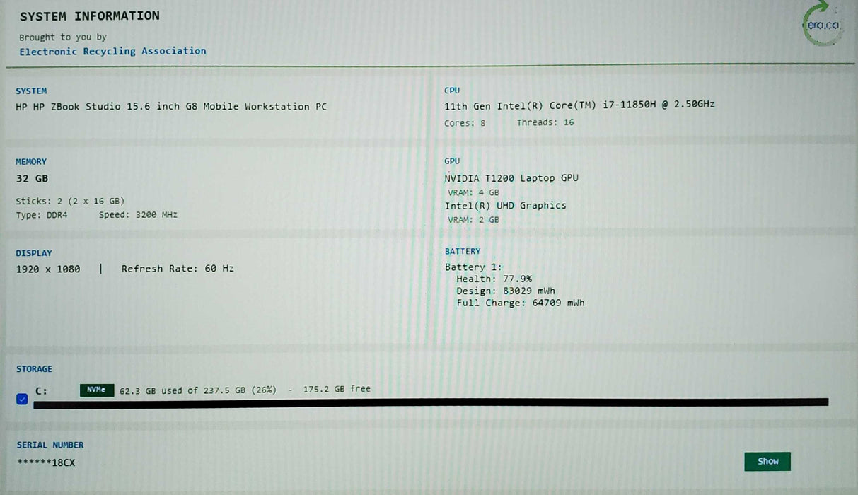 HP ZBook Studio 15 G8 FHD i7-11850H 2.50GHz 32GB 256GB SSD QUADRO T1200  Lap200