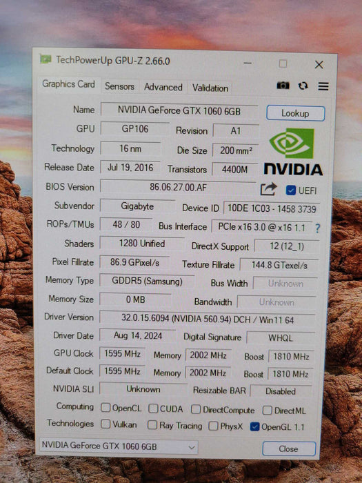 GIGABYTE NVIDIA GTX 1060 6GB PCIE %