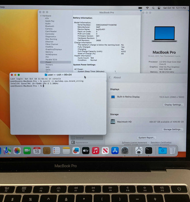 Apple MacBook Pro 13" 2017 i5-7360U 16GB 512SSD No Power Adapter