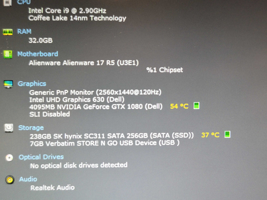 Alienware 17 R5 i9-8950HK 32GB DDR4 GTX 1080 256GB SSD  β Lap200