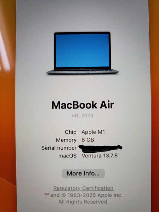 Apple MacBook Air M1 13.3" 2020 A2337 8GB DDR4 256GB SSD READ  Lap200