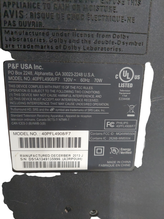 Phillips 40" LED TV  Model: 40PFL4908/F7  December 2013 =
