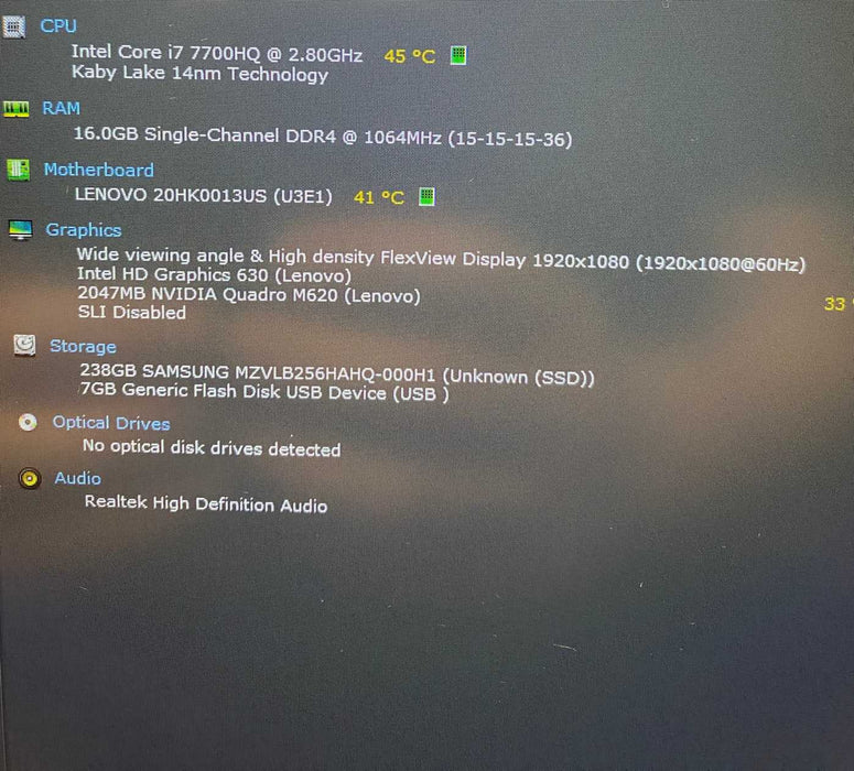 Lenovo ThinkPad P71 i7-7700HQ QUADRO M620 2GB GPU 16GB RAM 256GB SSD Q Lap200