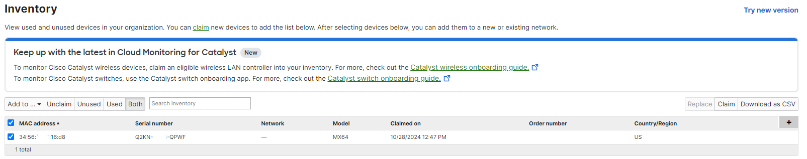 Cisco Meraki MX64-HW Cloud Managed Router Security Firewall, UNCLAIME