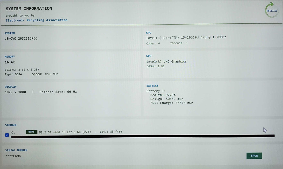 Lenovo ThinkPad T14 Gen 1 TOUCH Core i5-10310U@1.70GHz 16GB RAM 256GB SSD  Lap200