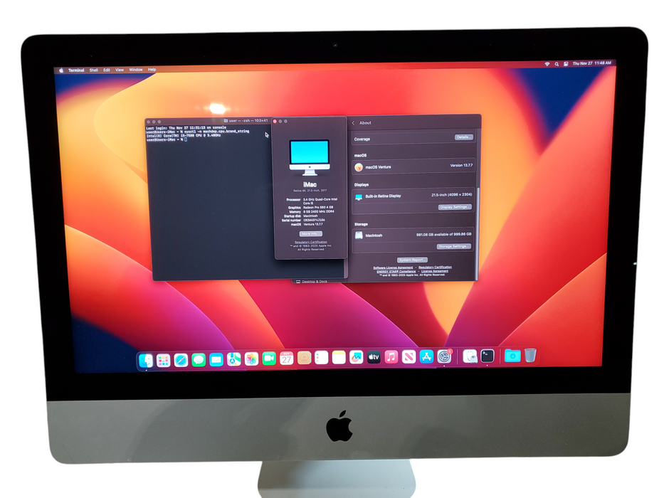 Apple iMac A1418 Retina 4K 2017 21.5", i5-7500 CPU 3.40GHz 8GB RAM 1TB