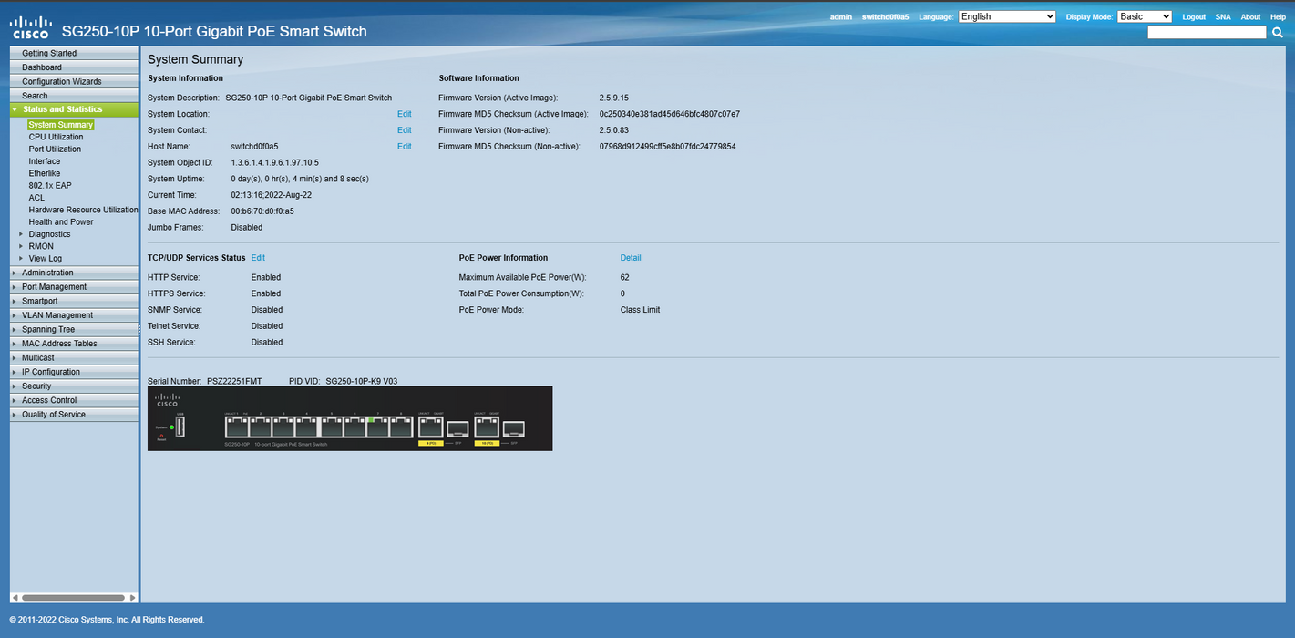 Cisco 250 Series SG250-10P Switch SG250-10P-K9 V03, Factory Reset