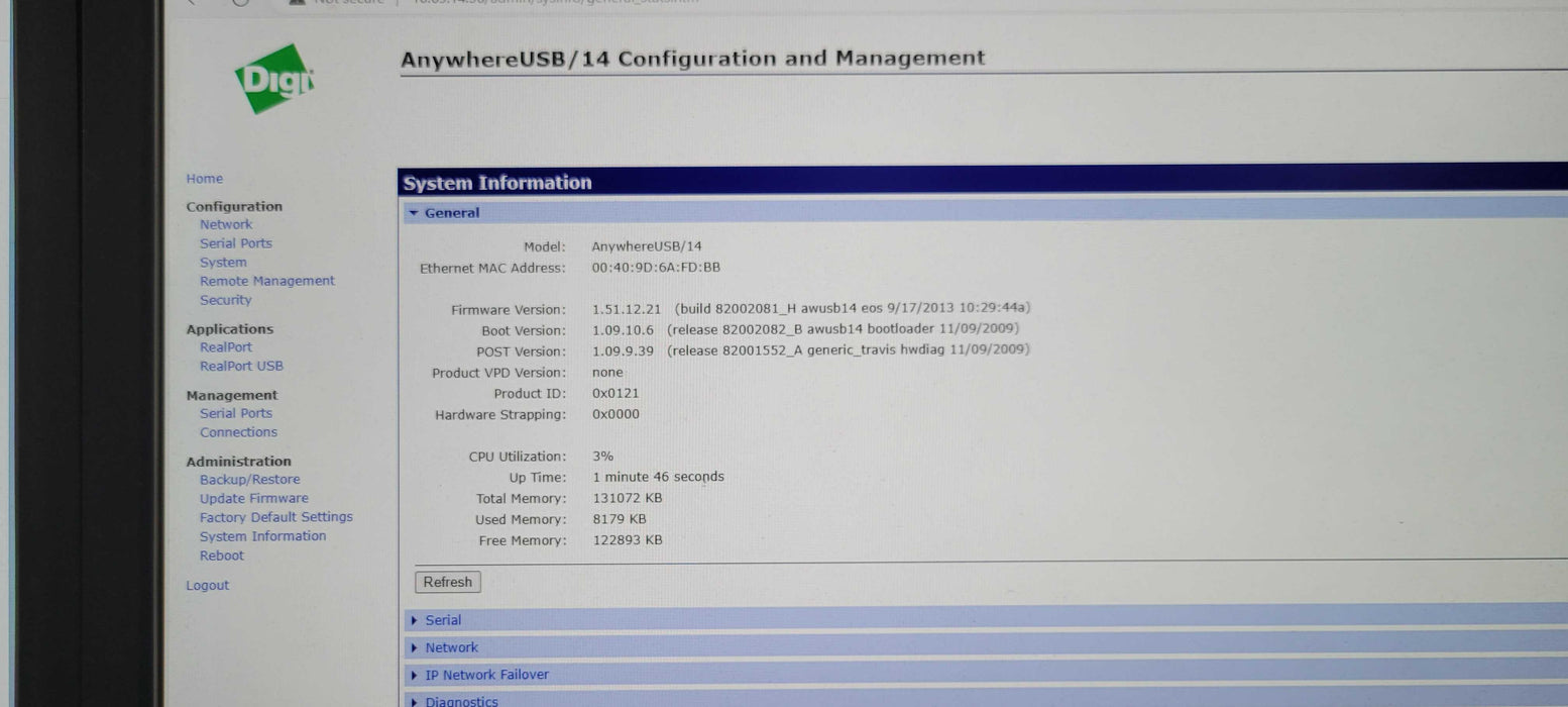 Digi AnywhereUSB/14 G2 50001681-01 Remote I/O Multi-Host Concentrator _