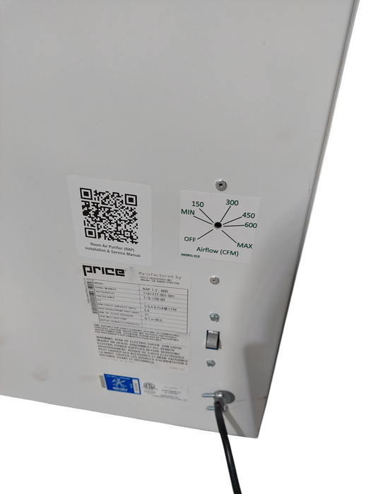 RAP – Room Air Purifier (Filtering System) 600CFM Model:RAP -1-2 600  =
