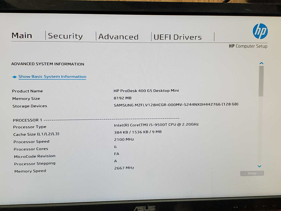 HP  Mini PC , USFF Intel Core i5 9th Gen, 8GB RAM, 128GB NVMe Q