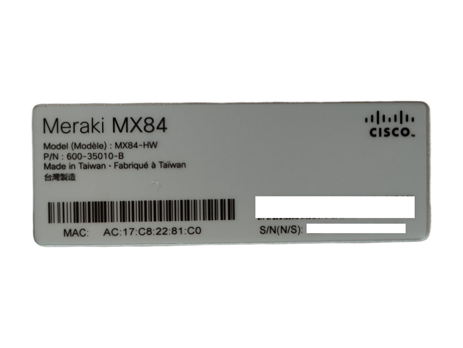 Cisco Meraki MX84-HW Cloud Managed Security Appliance, UNCLAIMED